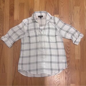 Fortune + Ivy White Black Windowpane Plaid Button Front Blouse S